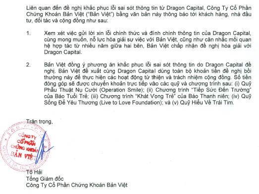 Chứng khoán Bản Việt hòa giải với Dragon Capital