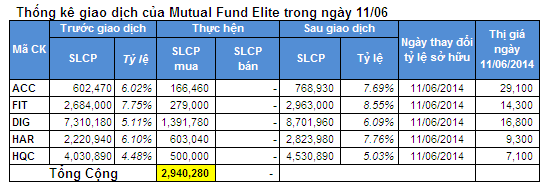 Mutual Fund Elite đã mua thêm gần 3 triệu cp ACC, FIT, DIG, HAR, HQC