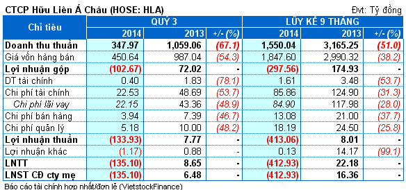 HLA: Quý 3 niên độ 2013-2014 lỗ thêm 135 tỷ, âm vốn chủ sở hữu