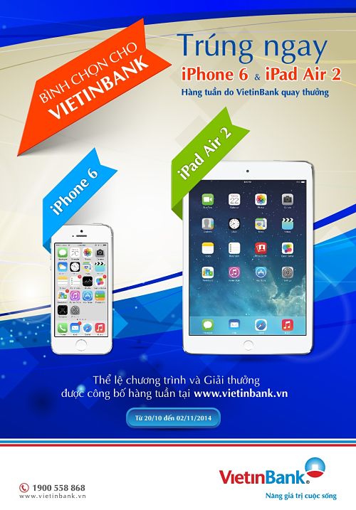 Bình chọn VietinBank để có cơ hội nhận iPhone 6, iPad Air 2