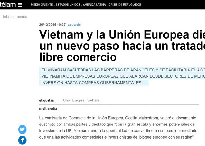 Truyền thông Argentina: FTA với EU mang cơ hội lớn cho Việt Nam