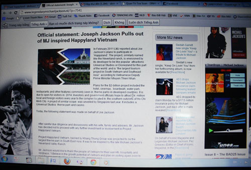 Trang web legendarymichaeljackson.nl công bố thông tin ông Joseph Walter Jackson rút khỏi dự án Happyland - Ảnh chụp màn hình