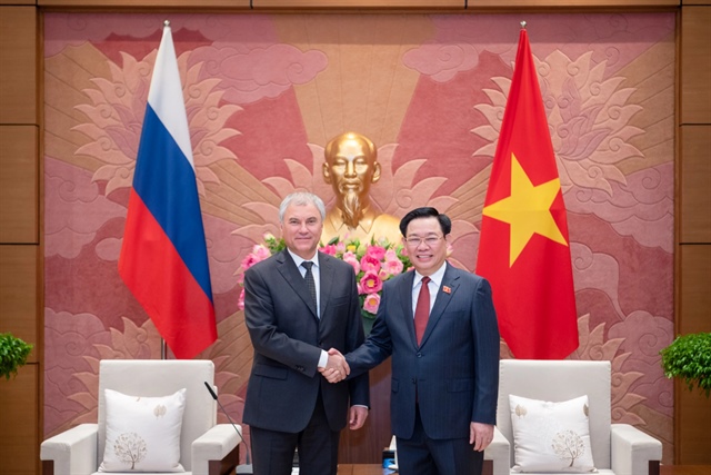 NA Chairman Vuong Dinh Hue and Chairman of the State Duma of the Federal Assembly of the Russian Federation Vyacheslav Victorovich Volodin hold talks in Hanoi on October 15, 2023. Photo: Quochoi.vn