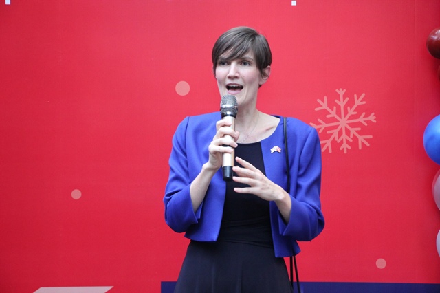 British Consul General in Ho Chi Minh City Emily Hamblin gives remarks at the launch event for the GREAT Food for the Season campaign in Ho Chi Minh City on December 14, 2023. Photo: Dong Nguyen / Tuoi Tre News