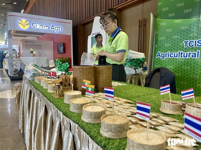 Rice products from Southeast Asian nations are introduced at an international rice conference held in Da Nang City on March 6, 2024. Photo: Truong Trung / Tuoi Tre