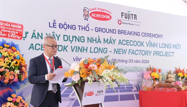Acecook Vietnam general director Kaneda Hiroki speaks at a ground-breaking ceremony of the Acecook factory project in Vinh Long Province, southern Vietnam, March 8, 2024. Photo: D.H / Tuoi Tre
