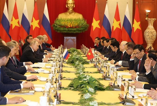 A general view of a meeting between Vietnam’s Party chief Nguyen Phu Trong (right side) and Russian President Vladimir Putin on June 20, 2024. Photo: Duy Linh / Tuoi Tre