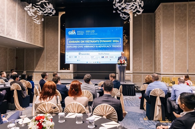Dr. Guido Hildner, German Ambassador to Vietnam, is seen speaking at the GBA Business Meeting - Embark on Vietnam’s Dynamic 2024 in Ho Chi Minh City, April 2024.