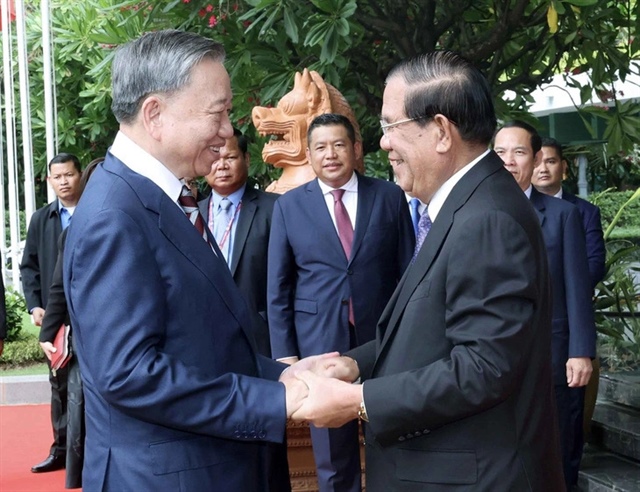 Vietnamese State President To Lam (L) and President of the Cambodian Senate Hun Sen are seen at their talks in Phnom Penh on July 12, 2024. Photo: Vietnam News Agency