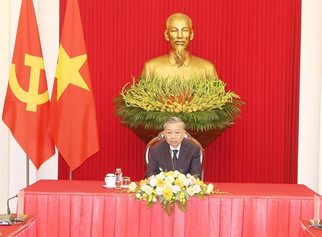 Vietnamese Party General Secretary and State President To Lam (C) and other senior officials at online talks with Japanese Prime Minister Fumio Kishida from Hanoi, September 3, 2024. Photo: Vietnam News Agency