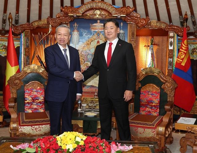 Vietnamese Party General Secretary and State President To Lam (L, 4th) speaks at the talks with Mongolian President Ukhnaagiin Khurelsukh at their talks in Ulaanbaatar on September 30, 2024. Photo: Nguyen Hong / Tuoi Tre