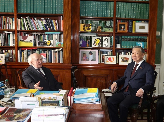 Irish President Michael D. Higgins (L) and Vietnamese Party General Secretary and State President To Lam are seen at their private meeting in Dublin, Ireland on October 2, 2024. Photo: Vietnam News Agency