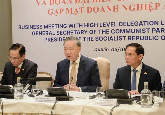 Vietnamese Party chief and State President To Lam (middle) speaks at a meeting with Ireland’s major corporations in Dublin on October 3, 2024. Photo: Nguyen Hong / Tuoi Tre