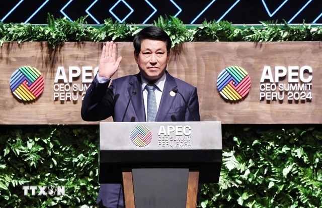 Vietnamese State President Luong Cuong (L, 5th) and other delegates pose for a photo at the APEC CEO Summit 2024 in Lima, Peru on November 14, 2024. Photo: Vietnam News Agency