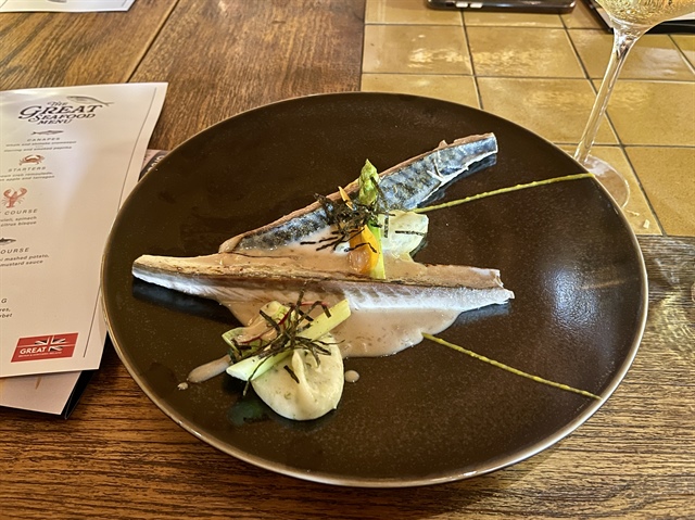 A dish featuring torched mackerel, wasabi mashed potato, whisky and whole grain mustard sauce at the UK Seafood Showcase, an event celebrating seafood from the UK at Clay Saigon restaurant in Ho Chi Minh City on December 3, 2024. Photo: Dong Nguyen / Tuoi Tre News