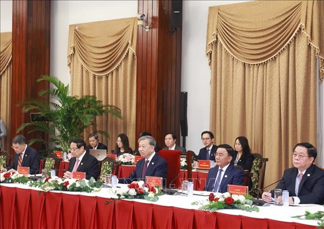 The Politburo of the Communist Party of Vietnam delegation at a high-level meeting in Ho Chi Minh City, February 21, 2025. Photo: Vietnam News Agency