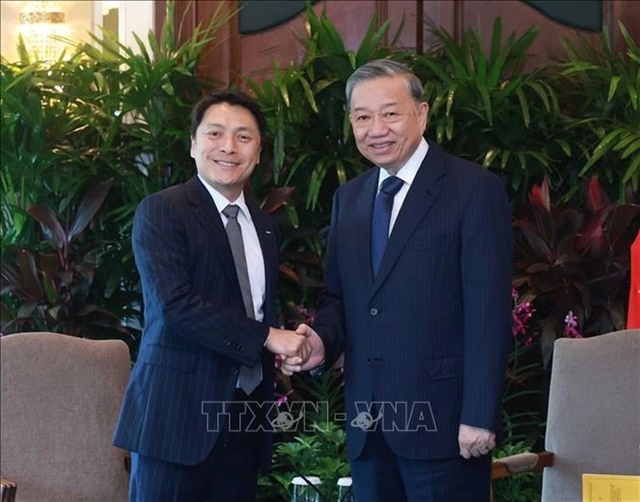 Vietnamese Party General Secretary To Lam (R) welcomes Tow Heng Tan, chairman of energy and urban developer Sembcorp Industries, during their meeting in Singapore, March 11, 2025. Photo: Vietnam News Agency