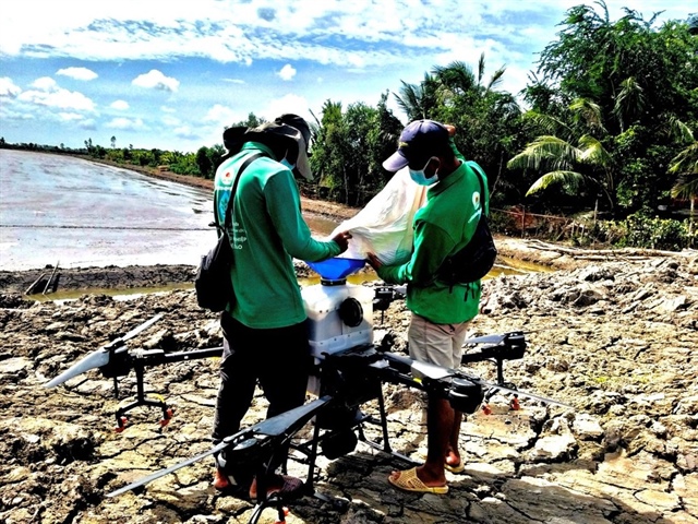 Người n&ocirc;ng d&acirc;n chuẩn bị d&ugrave;ng drone để rải hạt giống tr&ecirc;n c&aacute;nh đồng l&uacute;a. Ảnh: PM