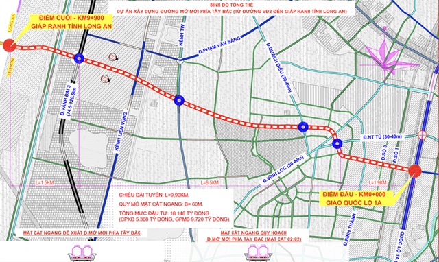 Bình đồ dự án đường mở mới Tây Bắc. Ảnh: Sở Xây dựng cung cấp.