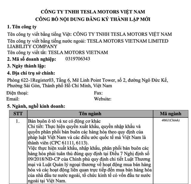 Tesla officially establishes Việt Nam entity with charter capital of $3 million